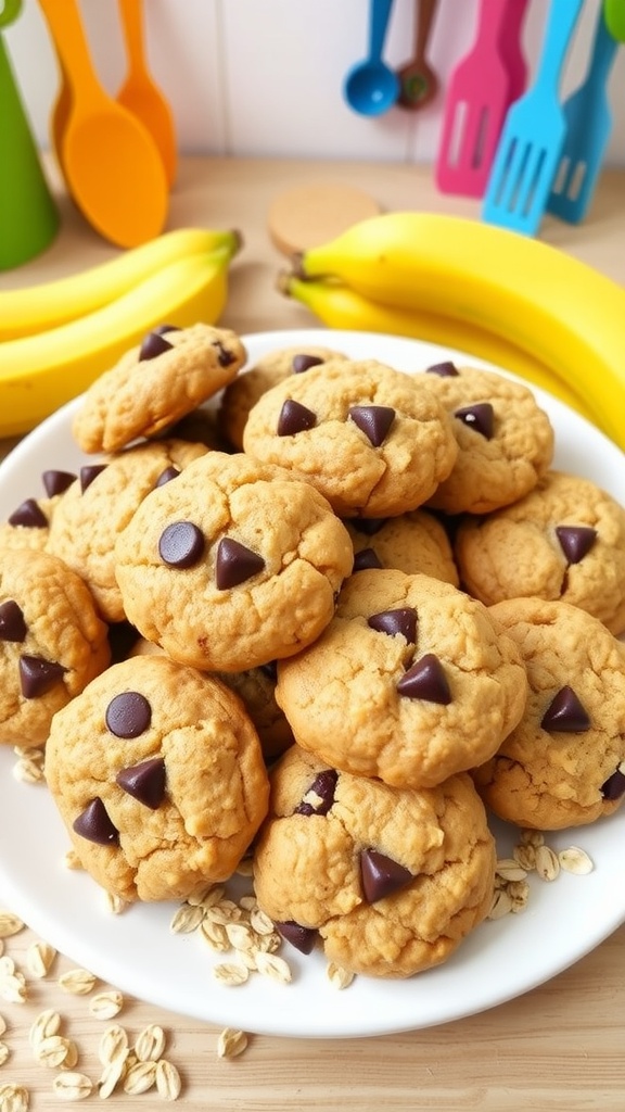 A plate of soft banana oatmeal cookies with chocolate chips, surrounded by bananas and oats.